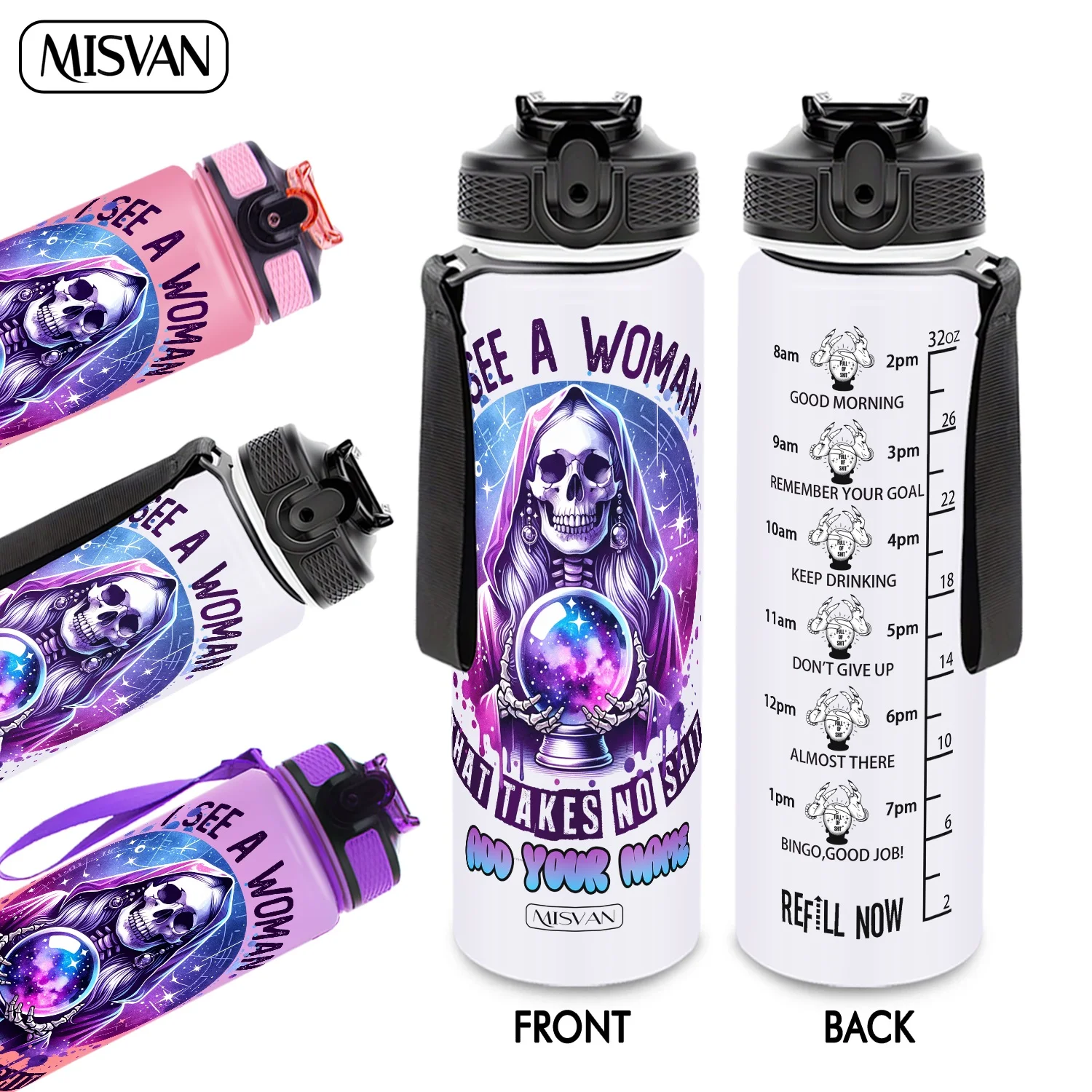 

Бутылка для воды 32 унции с индивидуальной гравировкой, принт «Таинственная ведьма-скелет с хрустальным шаром», для ежедневного увлажнения организма, для спортзала и велоспорта, 1 шт.