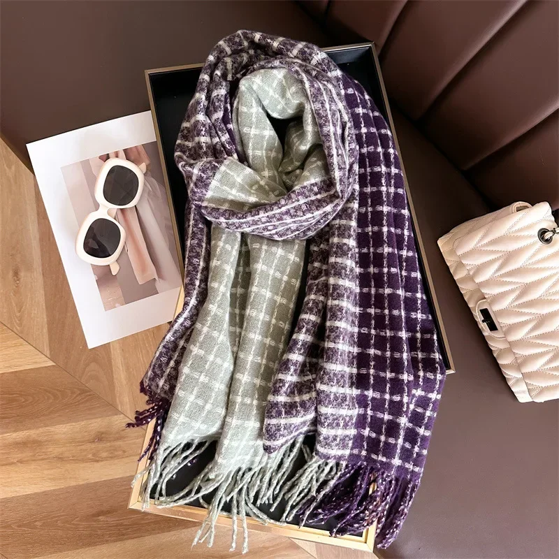 New Cashmere Matching Scarf Women Autumn Winter Thick Warm Color Matching Lattice Extended Scarves Beard Tassel Long Scarf Girls