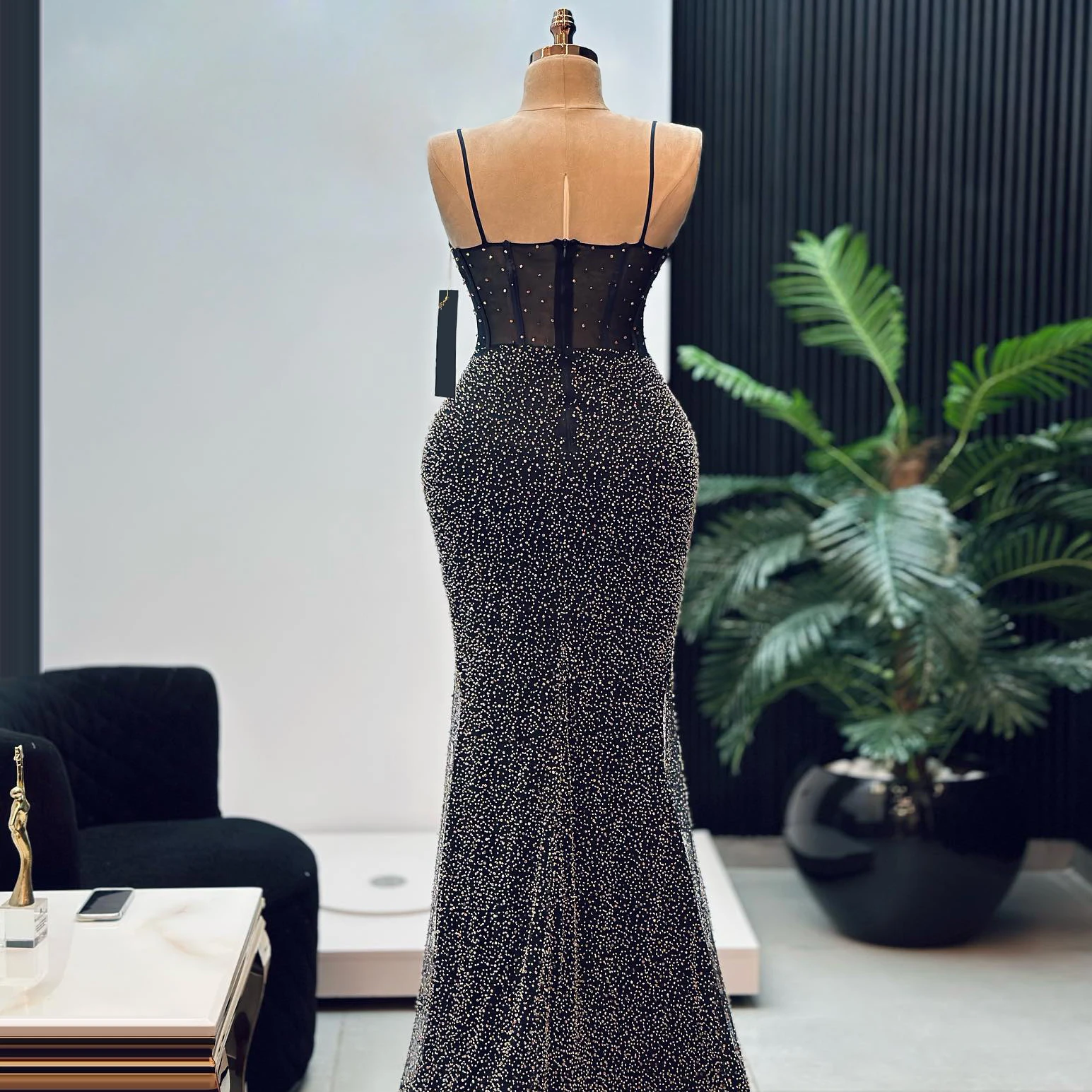 Black Off Shoulder Mermaid Evening Gown Custom Elastic Sequined Velvet Sloping Collar Floor Length Skirt Luxurious Women'S Party