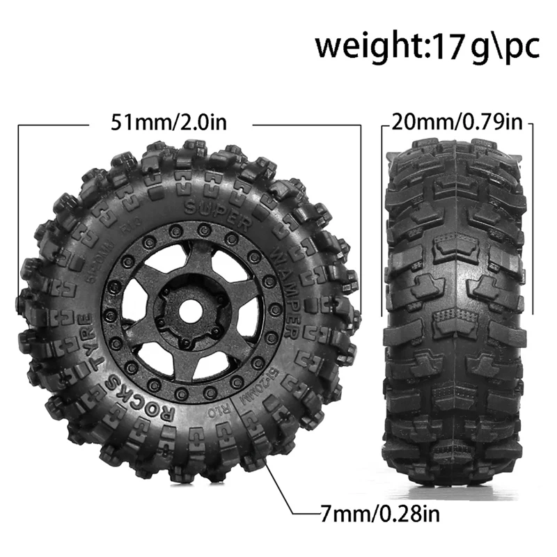 1/18 1/24 RC 크롤러 자동차용 비드락 휠 타이어 세트, 업그레이드 부품 액세서리, TRX4M SCX24 AX24 FCX24, 51mm, 1.0 인치, 4 개