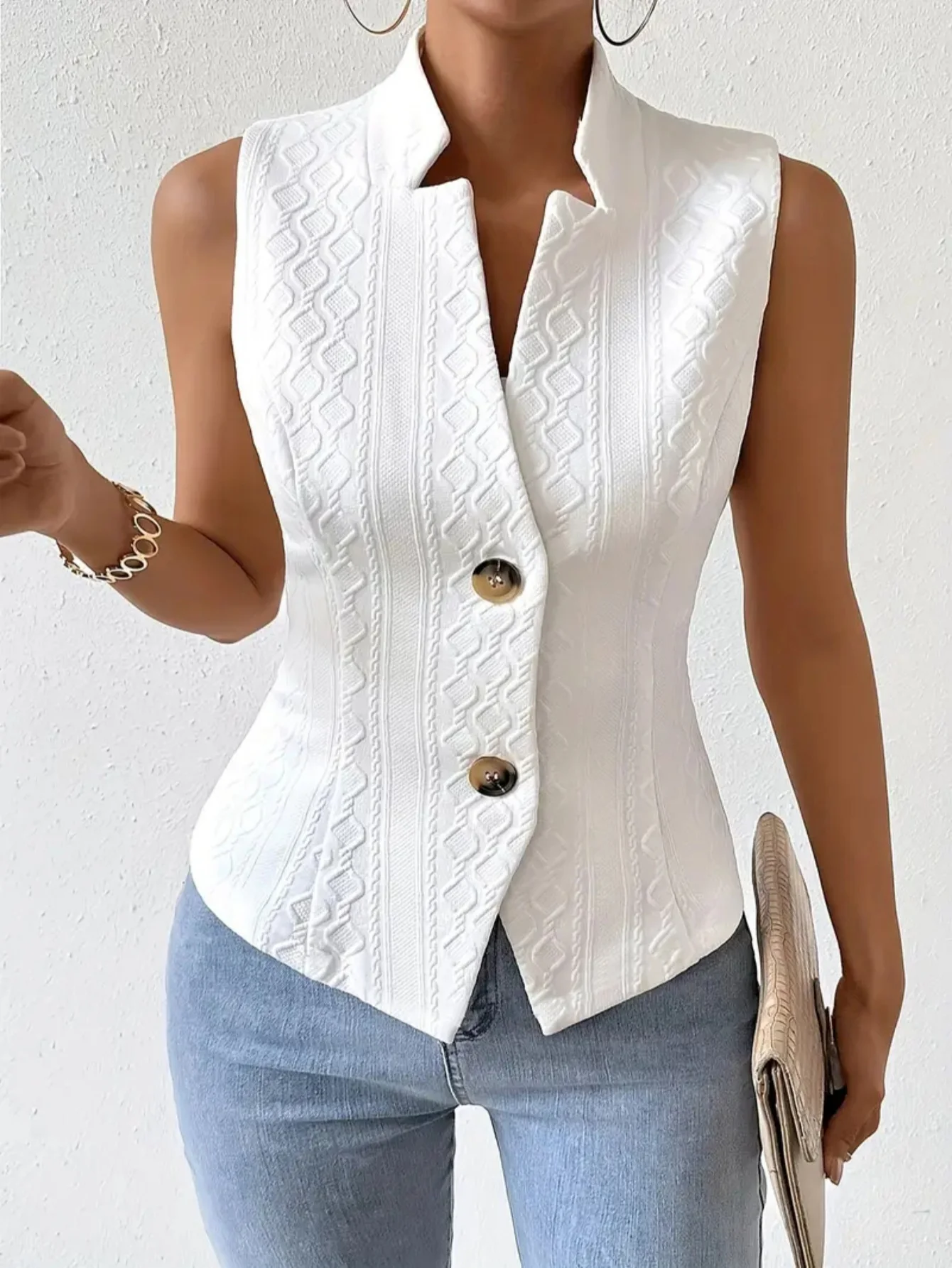 Women's Elegant V-Neck Sleeveless Blazer Vest Solid White Textured Button-Down Slim Fit Waistcoat Top