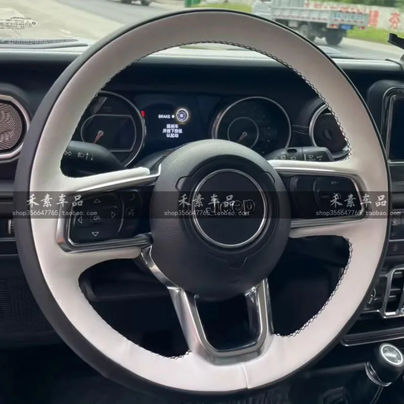 

For Jeep Wrangler JL 2018 2019 Gladiator JT 2020 2021 Hand-stitched Non-Slip Black white genuine Leather Steering Wheel Cover