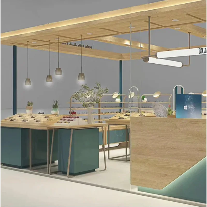 custom.Whole Shop Design Custom Modern Wooden Baking Paint Glasses Display Cabinet with Height Customizable