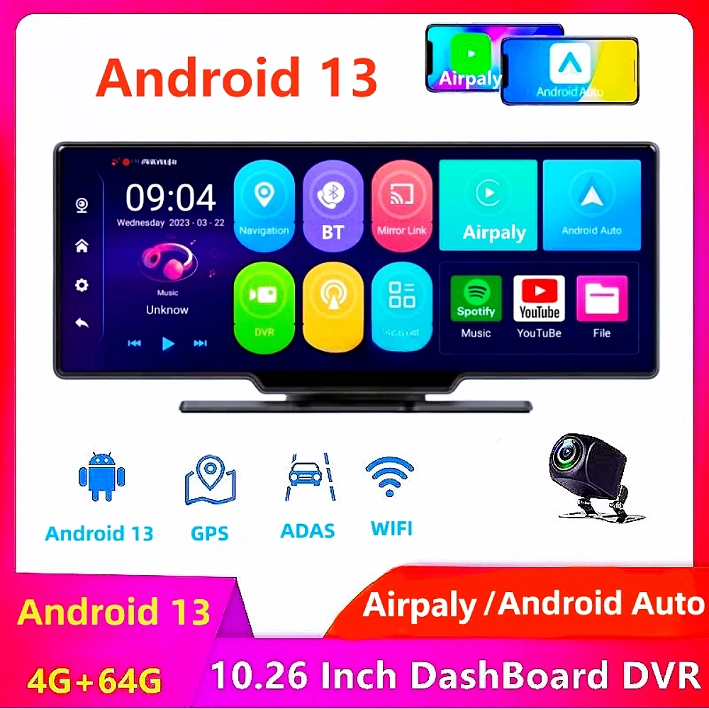 10.26 Inch 4G+64G Android 13.0WIFI Car Rearview Mirror Stream Media GPS Navi Dash Cam Dual 1080P Camera Car Dvr ADAS Super Night 