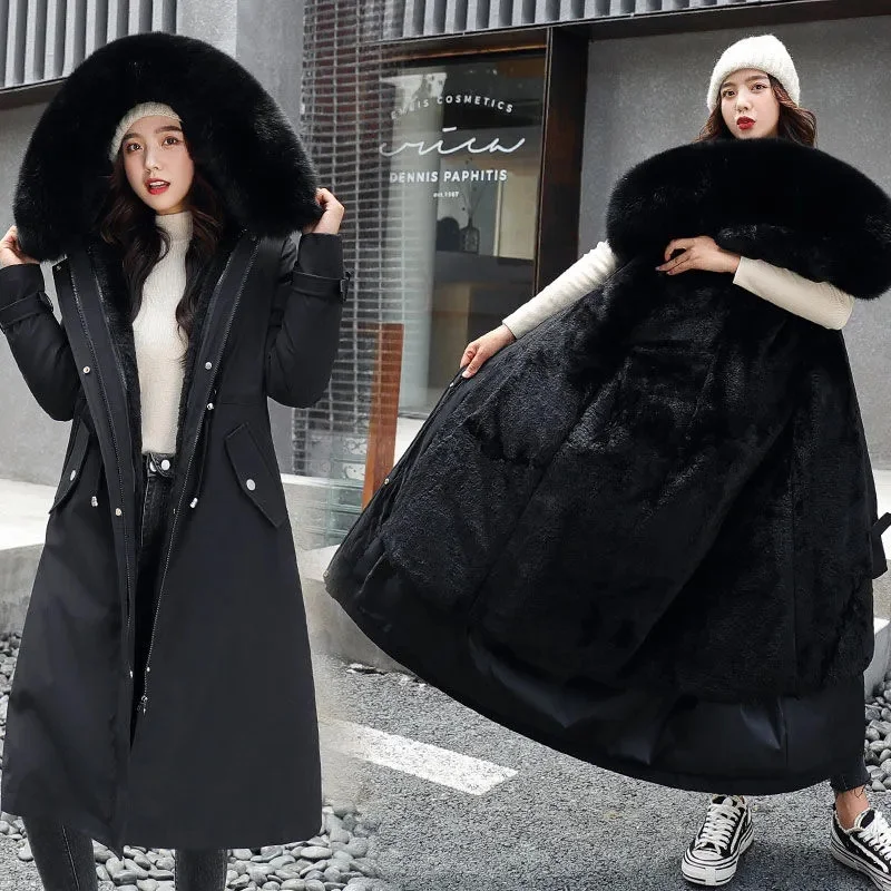 Women's Long Pike Dress with Large Fleece Collar Hooded Embroidered Removable Slim-fit Elegant Warm Cotton Coat Jacket