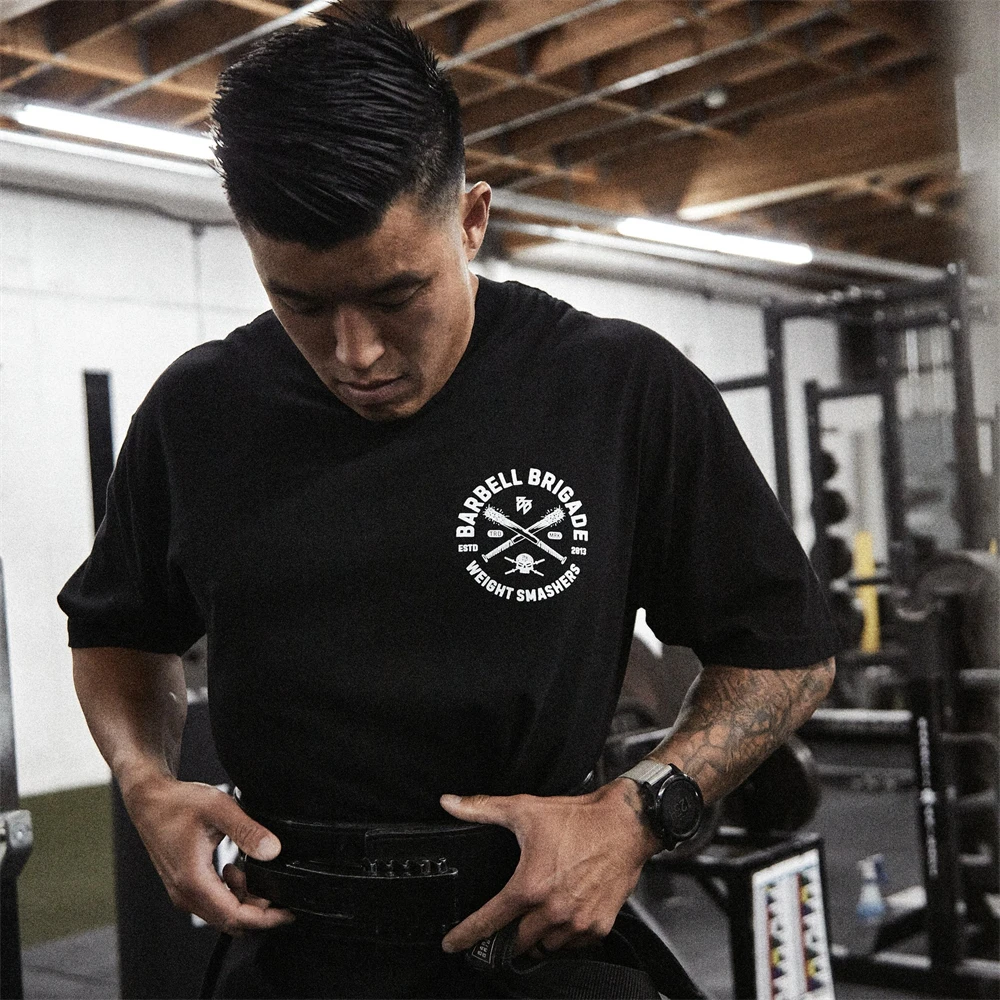 Barbell Cotton Gym Shirt Sport T Shirt Men Short Sleeve Running Shirt Men Workout Training Tees Fitness Loose Large Size M-XXXL