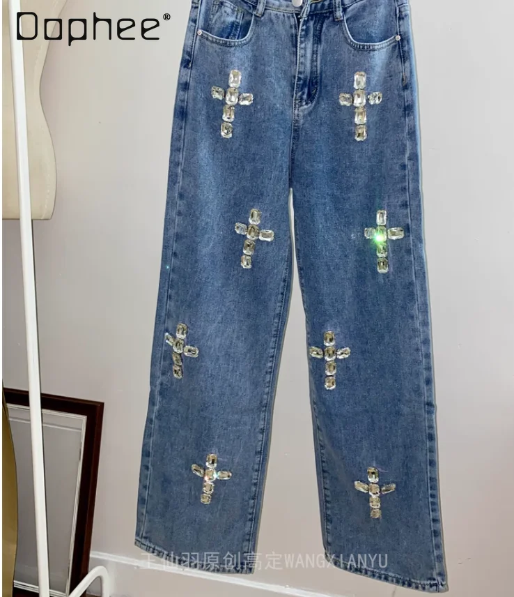 Streetwear Cool Crystal Rhinestone Denim Pants Female 2024 Spring New European Loose Boyfriend High Waist Blue Jeans for Women