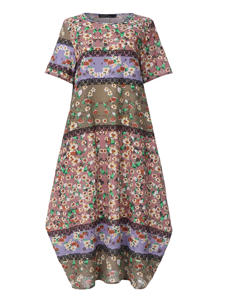 ZANZEA Böhmische Damen-Maxikleider, ethnischer Blumendruck, kurze Ärmel, langes Kleid, lässig, locker, Urlaub, Vestidos, Robe 2025, Sommer