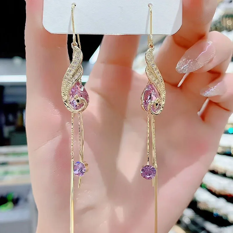 Fashion Purple Crystal Phoenix Long Earrings Creative Vintage Phoenix Rhinestone Tassel Earrings Female Wedding Party Jewelry