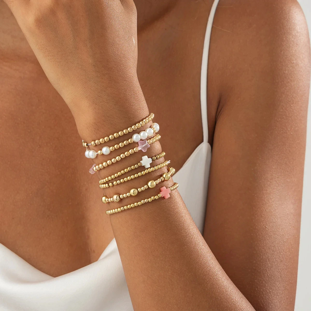

Bohemian Style Seven-Piece Set Copper Bead Faux Pearl Cross Bracelets Fashion Jewelry Perfect Gift Accessory