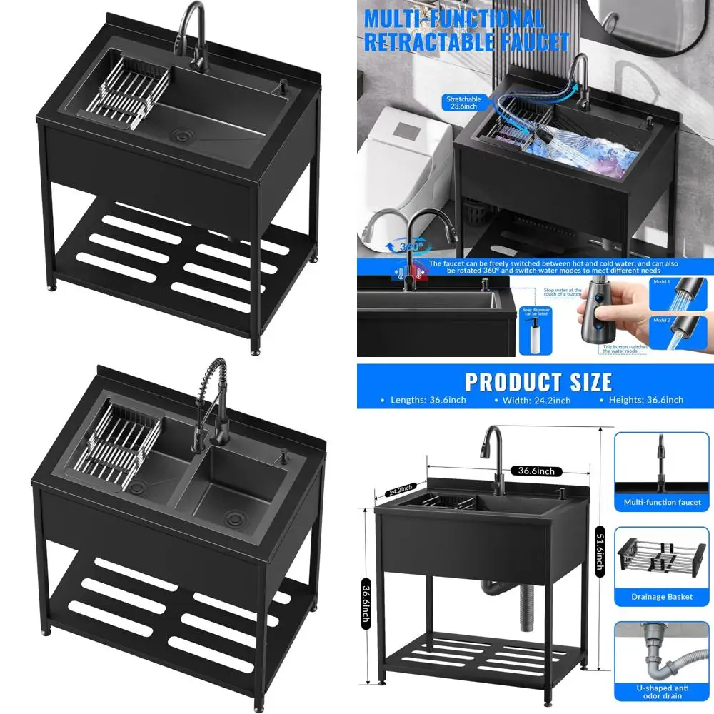 Freestanding Stainless Steel Utility Sink 36.6x24.2x36.6 with Cold and Hot Faucet, Hoses, and Drain Kit for Kitchen Use