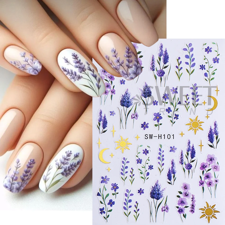 2pcs Elegant Purple Lavender Nail Stickers Summer Romantic Flower Butterfly Adhesive Nail Decals DIY Manicure Decor Accessories