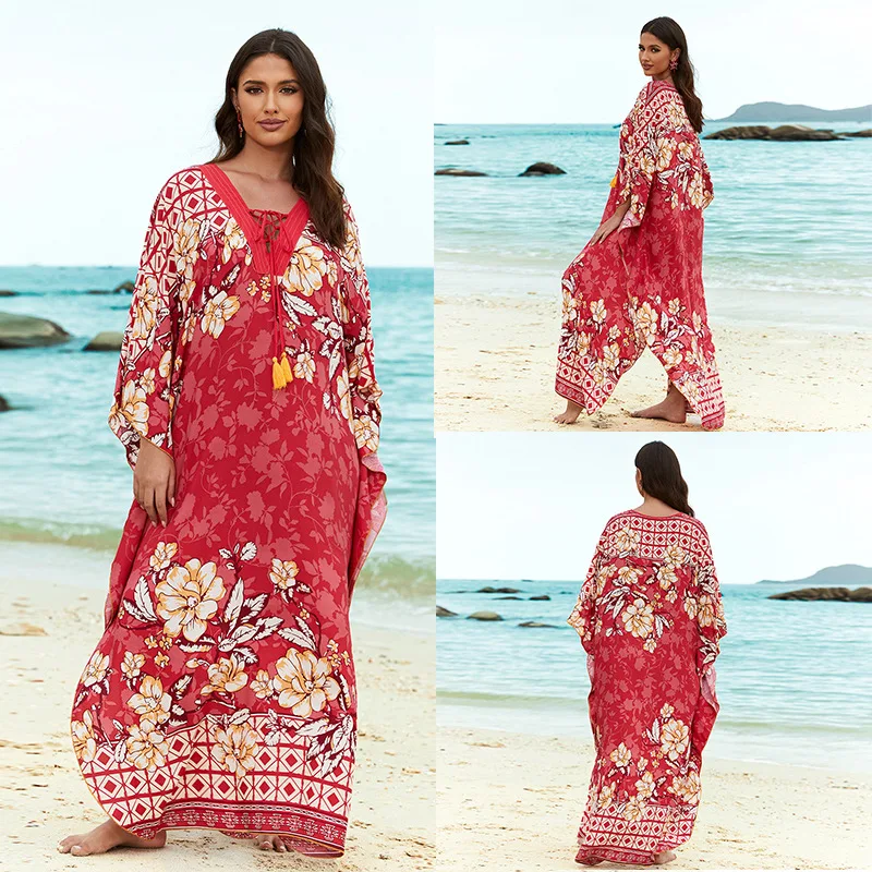 Bedrukte Kaftans Voor Vrouwen Strand Cover Aan Zee Maxi Bohemian Jurken Strandkleding Pareo Badpakken Fabriek Levering Dropshipping