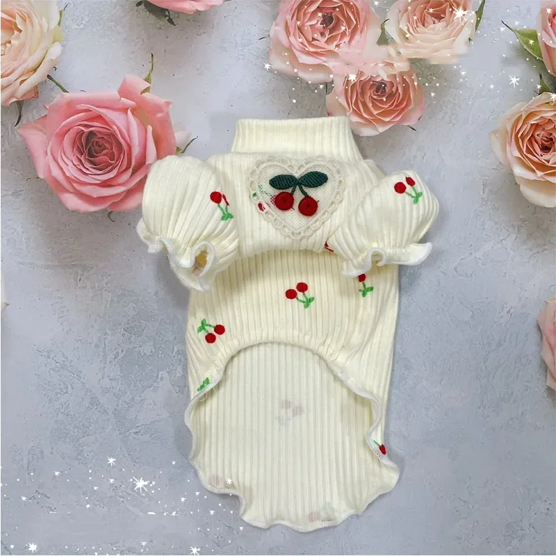 

Small Dog Sweater With Cherry Printed Elasticity Bubble Sleeve Knitted Sweater Suitable For All Seasons Puppy Clothes For Chihua