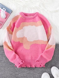 Autumn and Winter Cloud Jacquard Pattern Pullover Ripped Sweater Casual Round Neck Knitted Men's Pullover