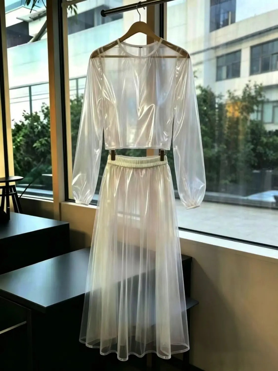 

Summer Lightweight Soft Transparent PVC Long Sleeved Women Set Sexy Stylish Design Two Piece Set See-through Dress Party Costume