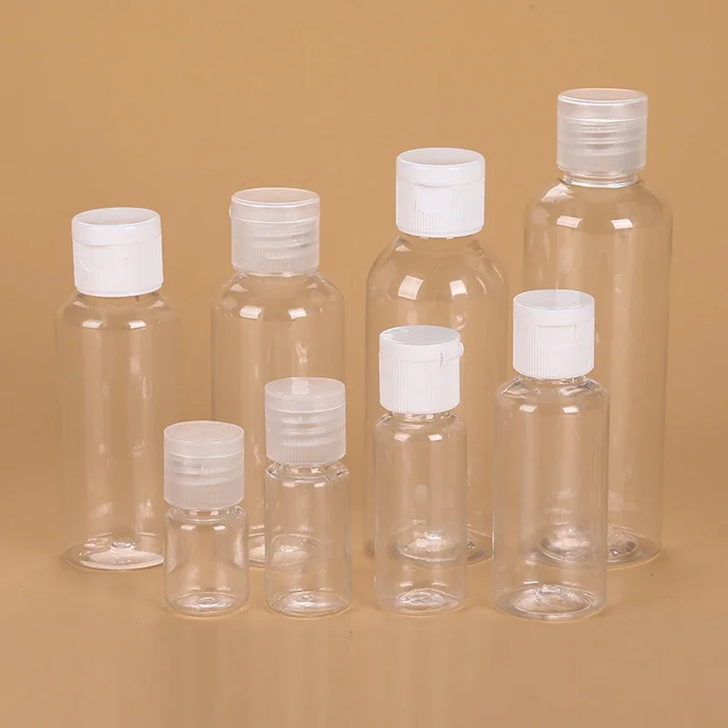 10 Uds. Botellas de plástico PET transparentes, botella vacía de viaje de 5ml-100ml con vial abatible, artículos de tocador líquidos, dispensador de champú y acondicionador