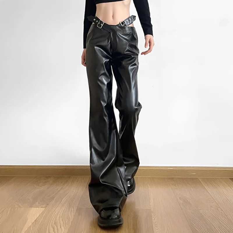 

Button Waist Hollow PU Leather Casual Pants Women's 2025 Autumn Low-rise Straight Leather Pants