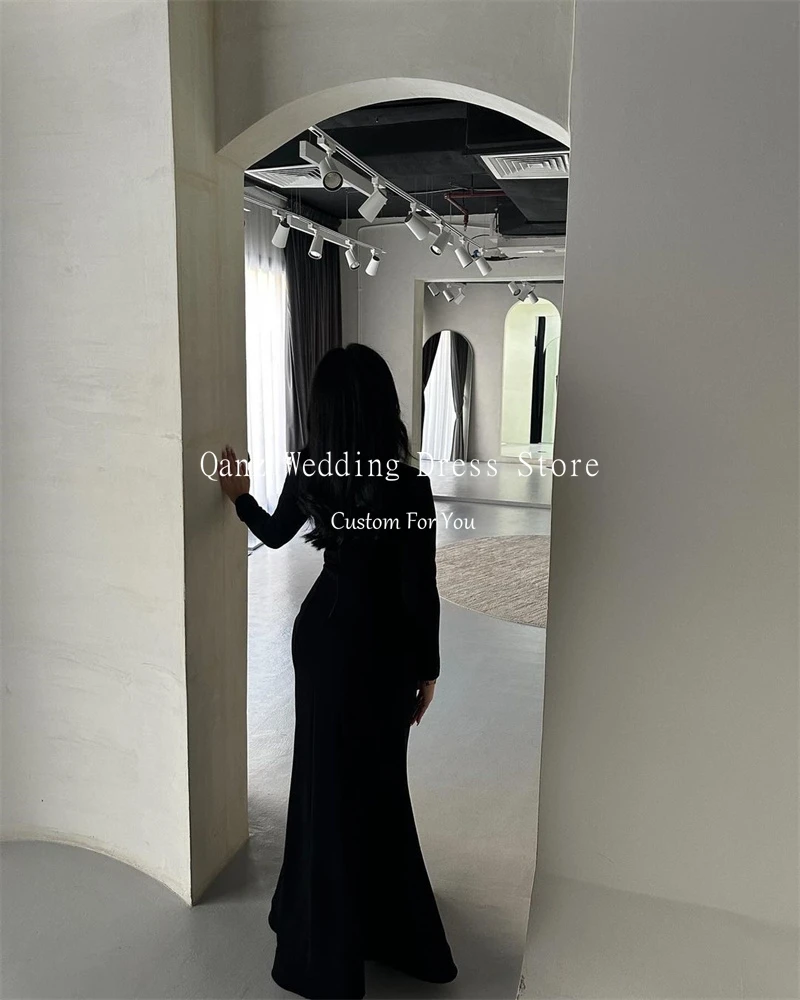 Qanz Square Neck Black Mermaid Evening Dresses Saudi Arabia Prom Party Dresses For Women Sexy Split Vestidos De Noche Customized