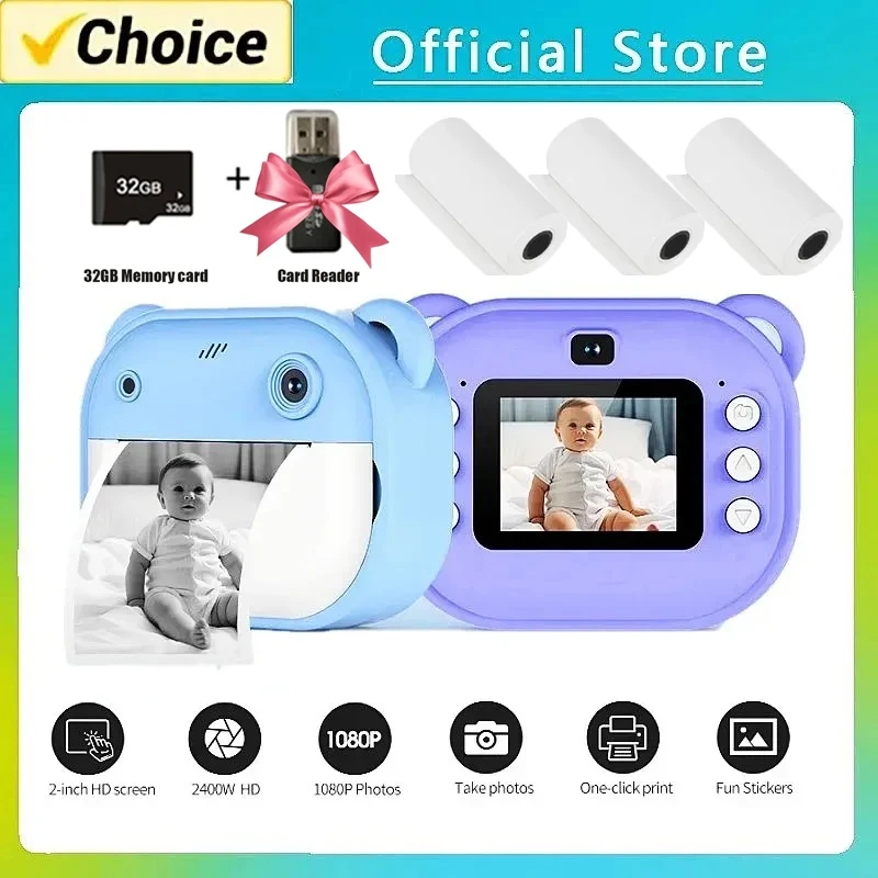 Children Digital Camera Instant Print for Kids Thermal Print Camera Instant Photo Printing Camera Video Toys+32G Memory Card