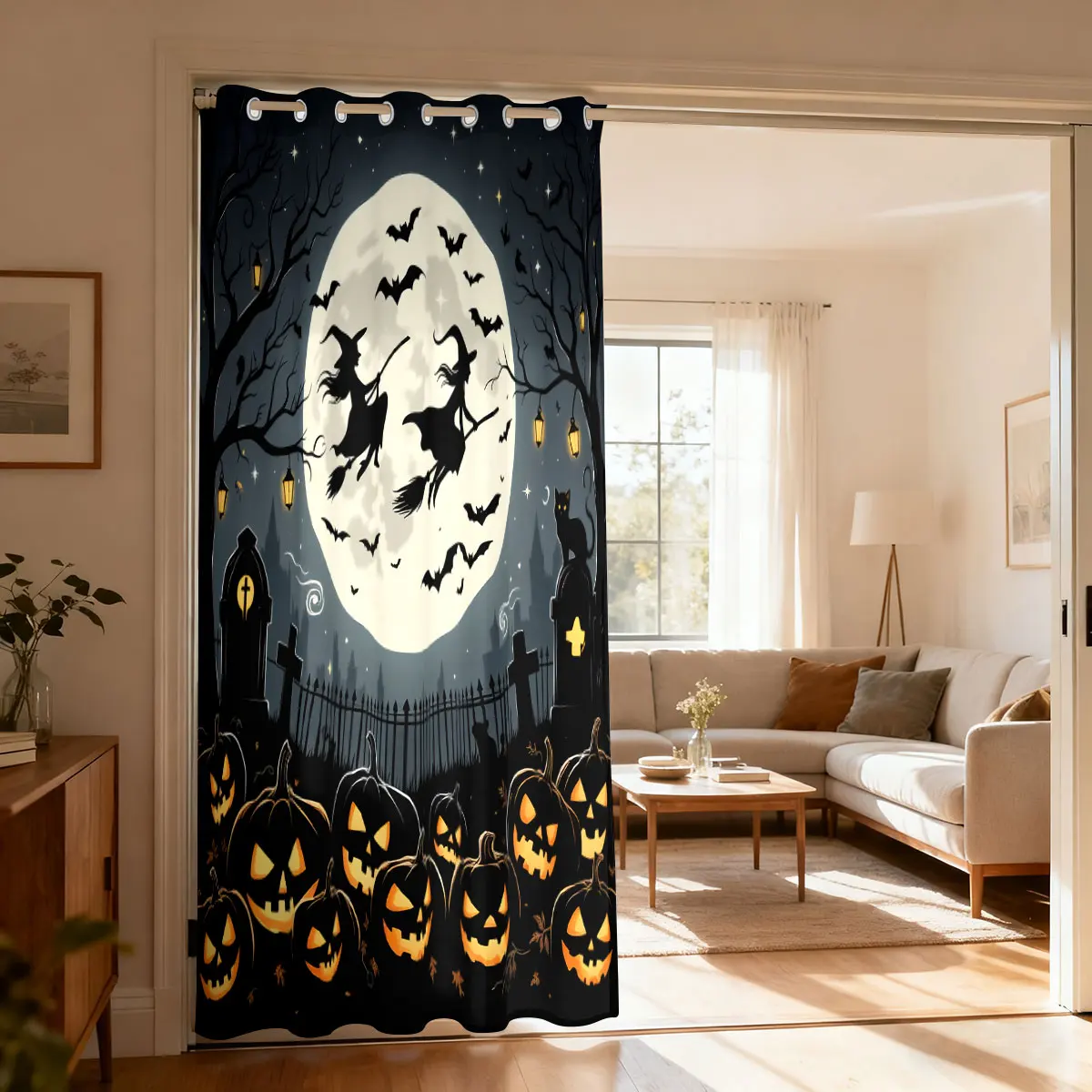 Halloween Night Graveyard Single Piece Loop Curtain Witch Pumpkin Bat Print Punch Hole Drape 1PC Bedroom Living Room Door Win