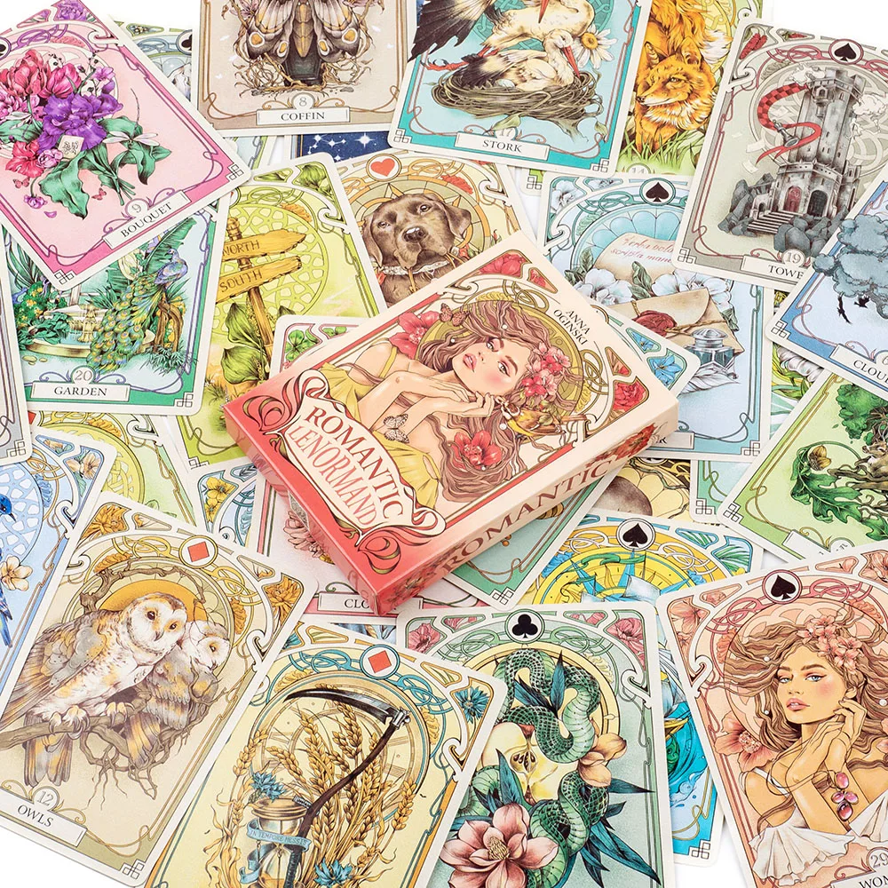Romantische Lenormand-Orakelkarten, 37 Stück, Deck, 10,2 x 7,2 cm, englische Sicht, Art Nouveau, Blumenmotive für Party-Brettspiele – Detail 10
