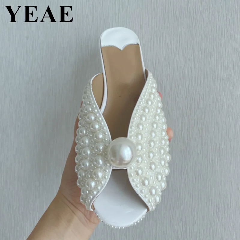 New Women Sandals Fashion Full White Pearl Stud Wedding Shoes Bride Women Luxury Peep Toe High Heels Buckle Woman Party Sandals