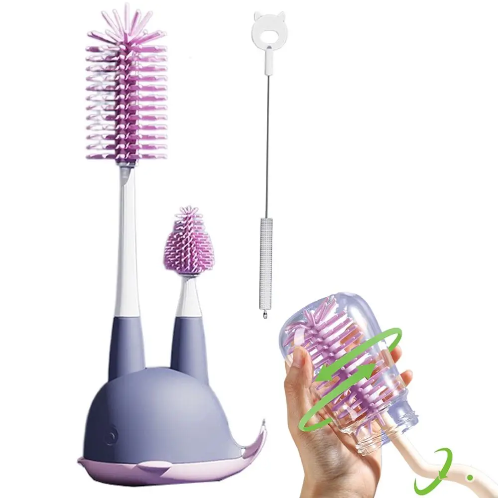 360 Degree Rotation Baby Bottle Cleaning Brush Set Straw Cleaner Brush Reusable 3 in 1 Nipple Cleaner Draining Base