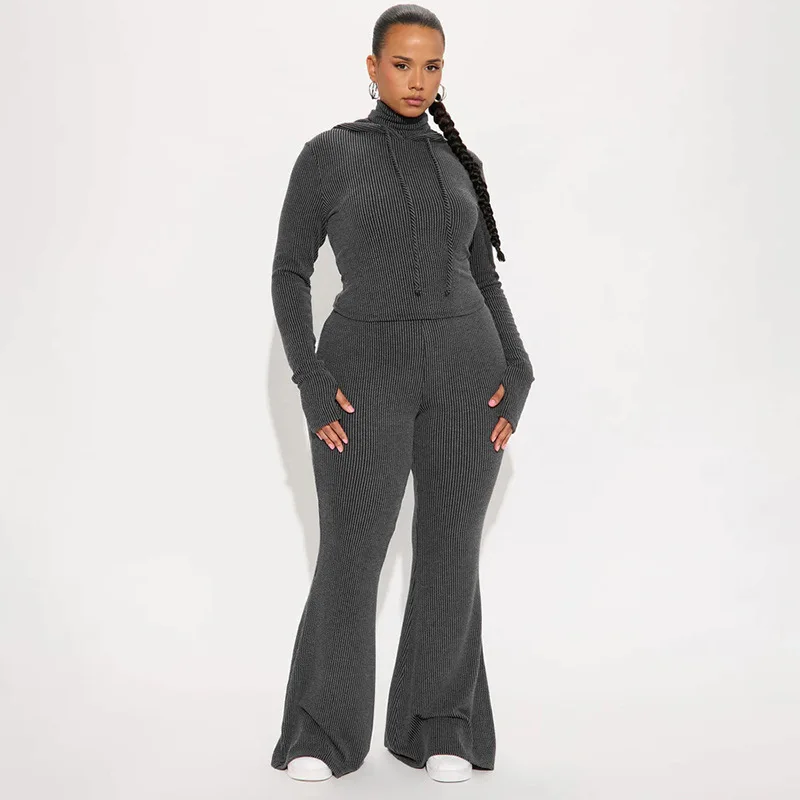 FAGADOER Fashion 2 Pieces Set for Woman Outfits Solid Color Long Sleeves Hooded Crop Top and Flare Pants Suits Female Streetwear