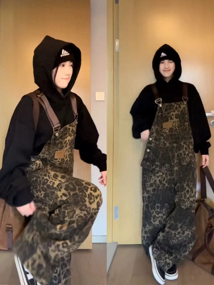 American Retro Leopard Print Denim Overalls Women's Spring Autumn Loose Lazy Straight Leg Workwear Overall Pants