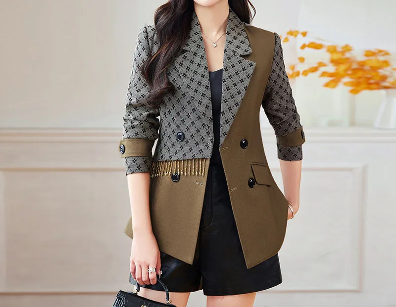 Tesco British Style Women's Blazer Suit Double Breasted Casual Jacket Patchwork Beading Fashion Female Coat Office Outerwear