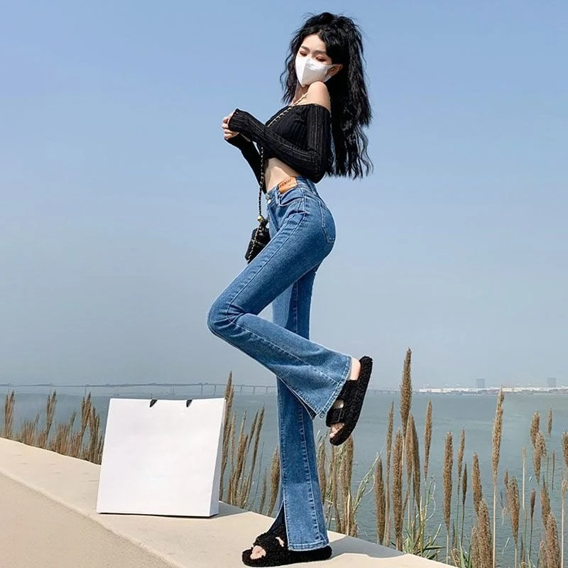 2026 New Women High Waist Flare Jeans Vintage Slim Stretch Denim Pants Split Hem Bootcut Trousers for Petite