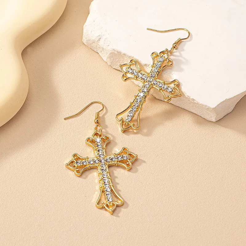 

Fashion New Cross Earrings Female Net Red Ins Style Personality Design Sense Diamond Stud Earrings Wholesale