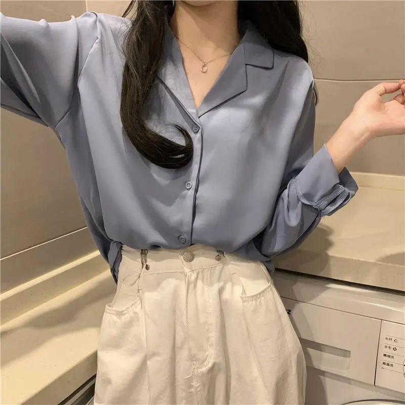 Office Lady Solid Color Suit Collar Blouse Korean Single-breasted Spring Vintage Loose Long Sleeve Women's Clothing Basic Shirt