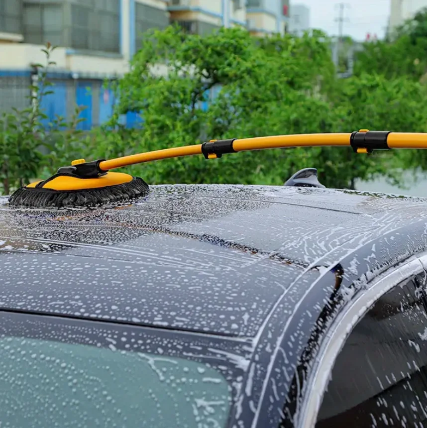 فرشاة تنظيف السيارة، ممسحة تنظيف تلسكوبية ذات مقبض طويل، فرشاة تنظيف بطول قابل للتعديل من الألياف الدقيقة، أصفر.