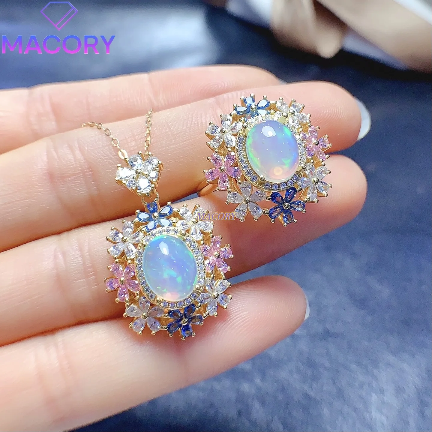 

Natural opal set pure silver 925 women's new style ring and necklace two-piece jewelry high quality with certificate testing.