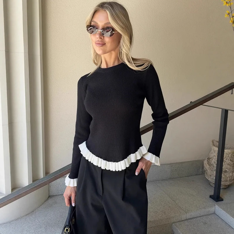 Tornova 패션 여성용 러플 니트 스웨터 슬림 오 넥 긴 소매 풀오버 스웨터 가을 겨울 니트 탑 여성