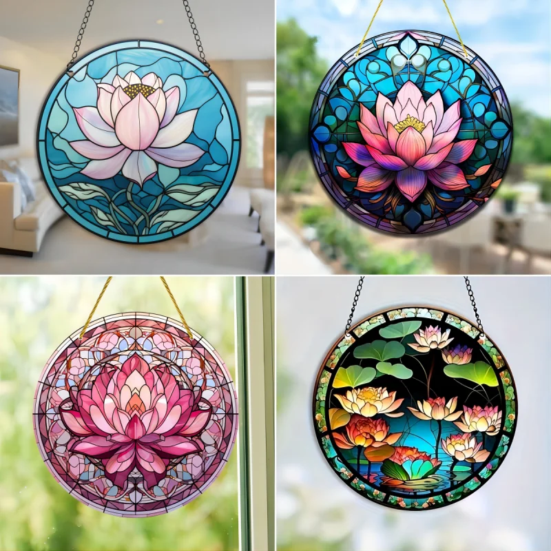 Flower Lotus Stained Suncatcher Window Acrylic Panel Home Living Room Decoration Retro Wall Hanging Pendant Garden Yard Ornament