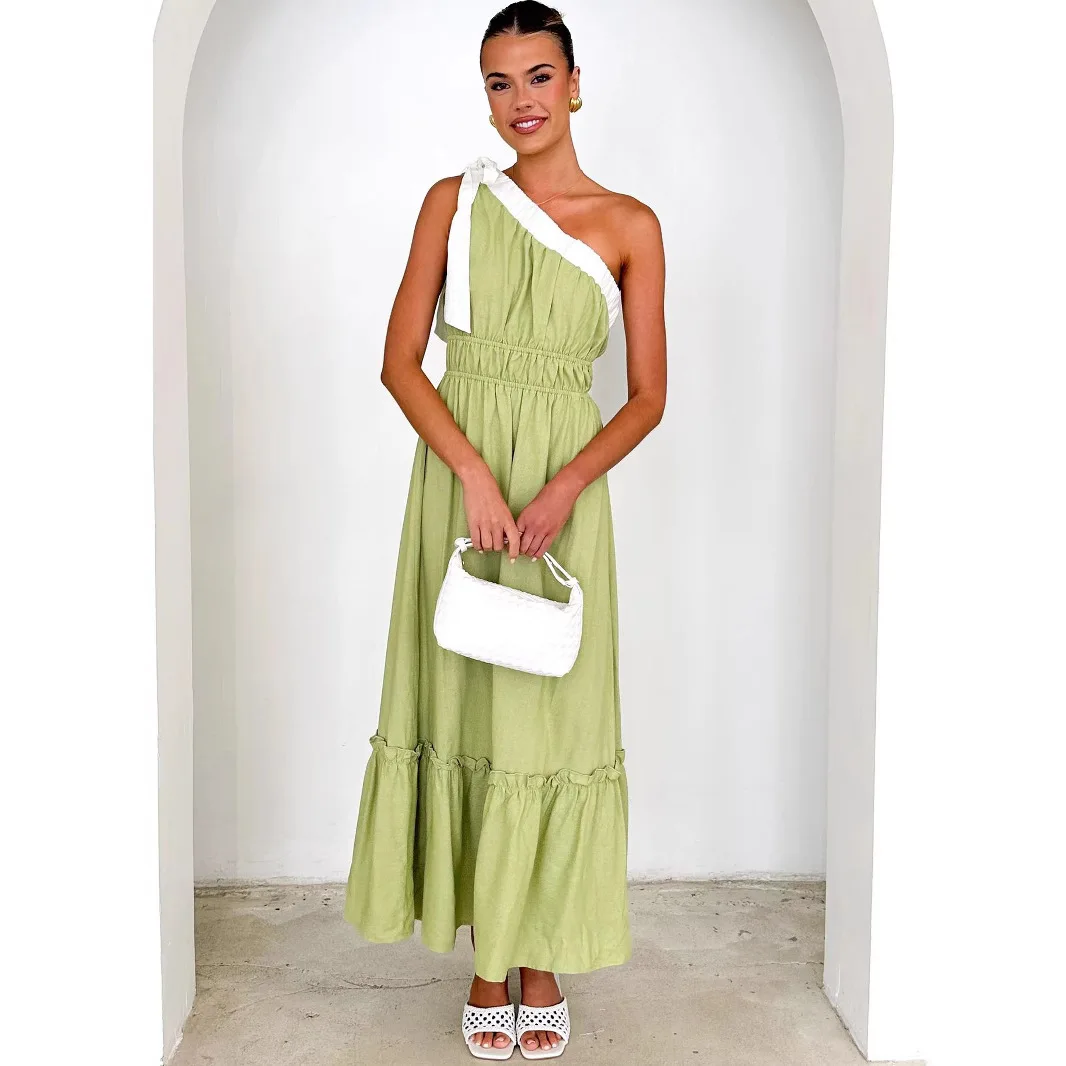 

Women's Fashionable Casual Lace Up Solid Color Sleeveless Single Shoulder Dress for Summer 2025