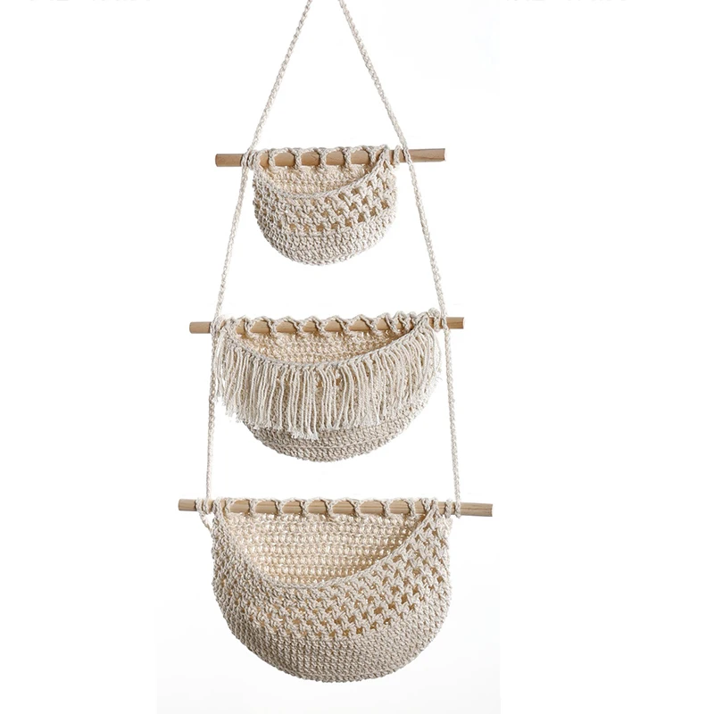 Hand-Woven Cotton Rope 3-Tier Storage Rack, Wall-Drilled & Over-the-Door Hanging Basket, Rustic Style Miscellaneous Storage Bag