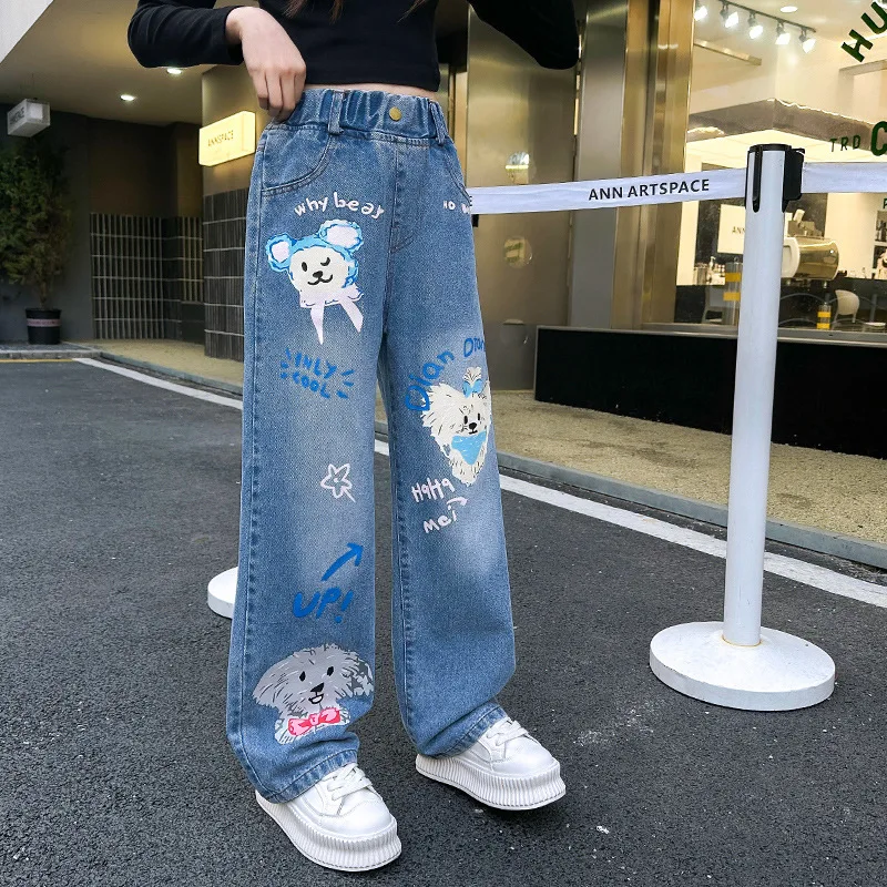 Jeans for Girls 2024 New Fashion Cartoon Printed Long Denim Trousers Teens Kids Cute Dog Pattern Wide Leg Pants 5 7 9 11 13 14Y