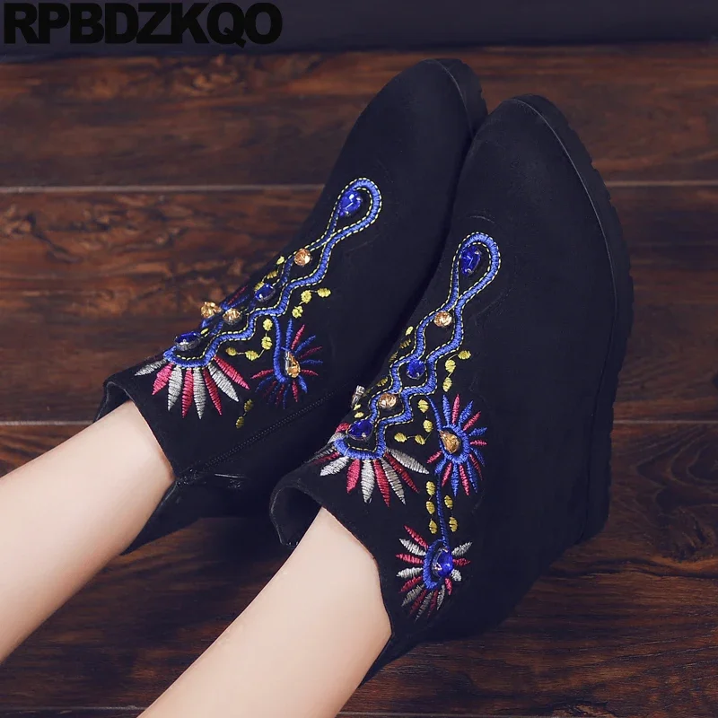 Crystal Boots Shoes Suede Booties Ethnic Fur High Heels Folk Traditional Women Embroided Jewel Wedges Side Zip Round Toe Pumps