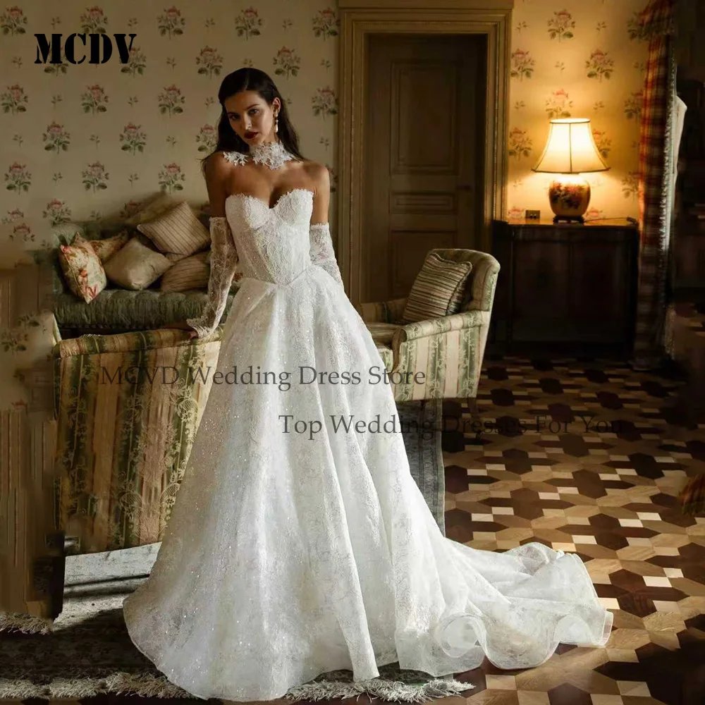 

MCDV Modest Wedding Dress With Sleeves Applique A-Line Lace Sweetheart Backless Bride Gowns Customized vestido de novia princesa