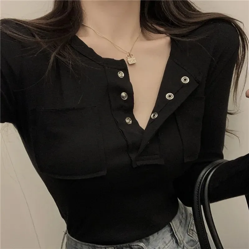 Women's Black Slim Fit Long Sleeve Henley Top Button Front Pocket Detail Ribbed Knit T Shirt for Daily Wear