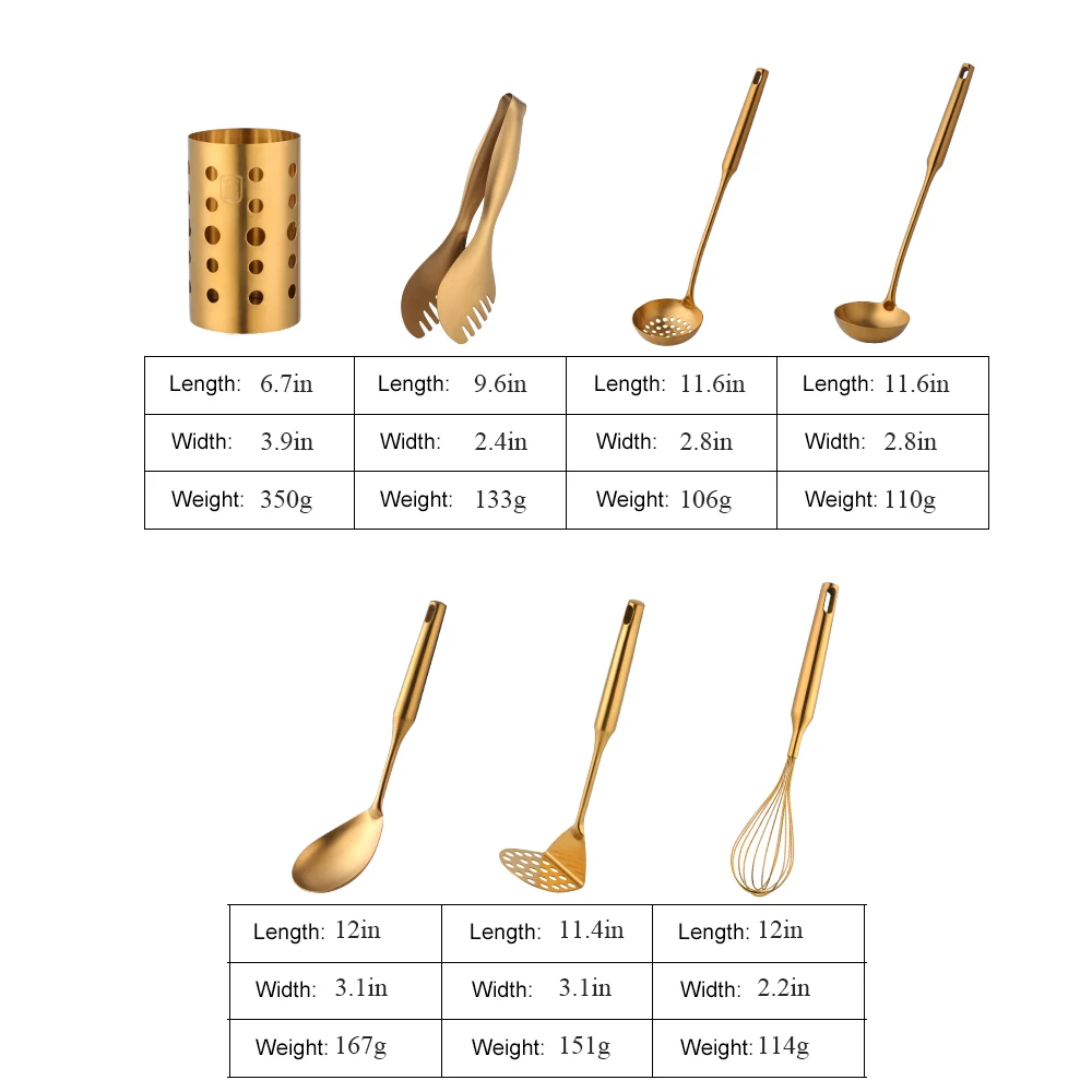 1/7pcs Gold Cooking Tool Set Chopsticks Tube Kitchenware Soup Ladle Colander Set Egg Stirrer Food Clip Kitchen Utensils