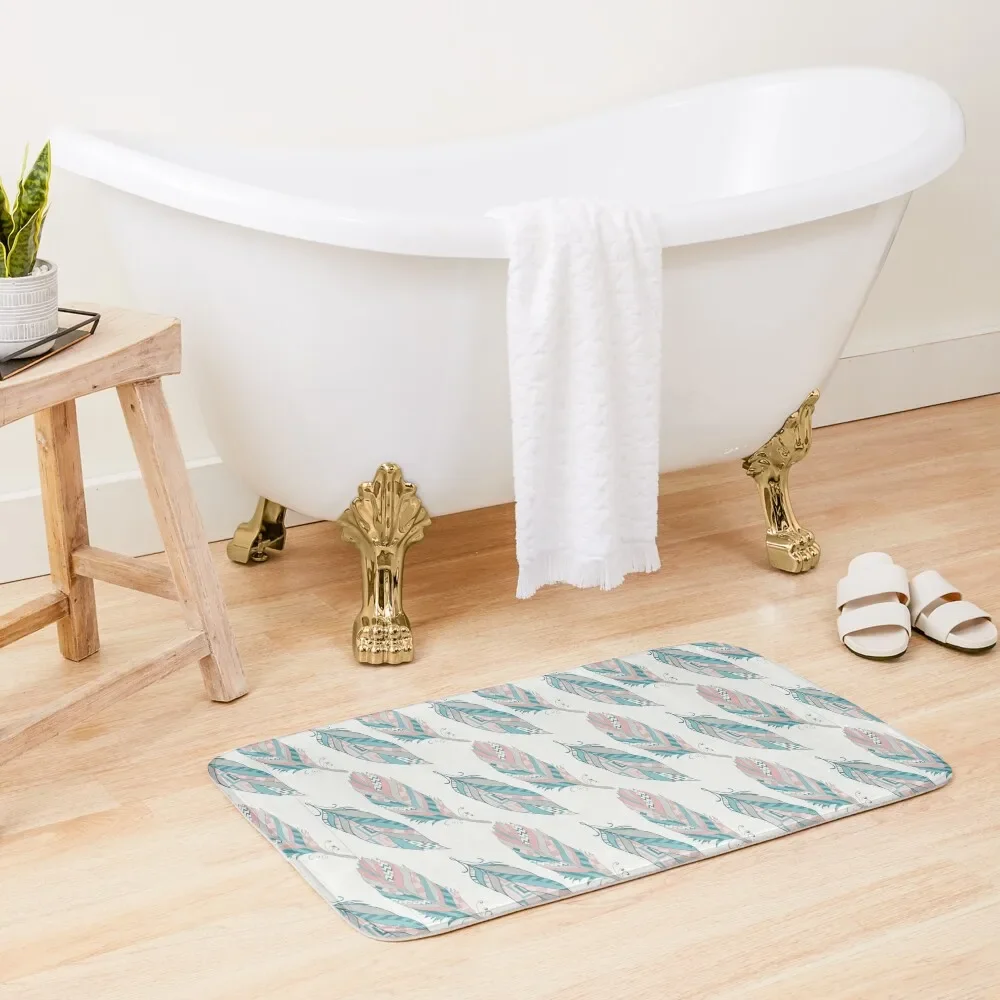 

Boho Native American Pastel Feathers Bath Mat Bathroom Absorbent Quick Dry Slip-Resistant Bathroom Rug Set Mat