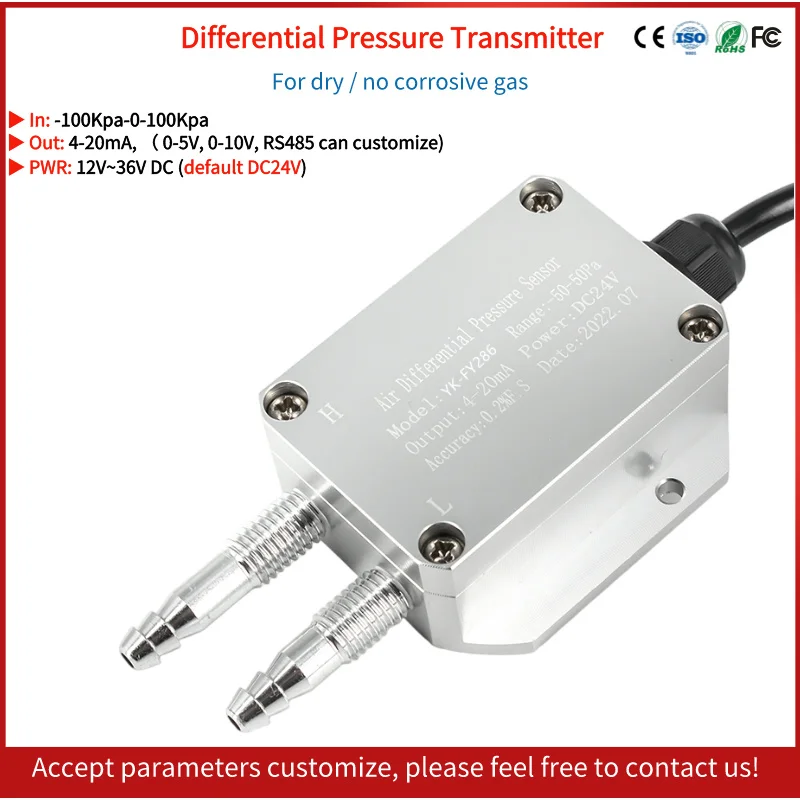 

Micro Air Differential Pressure Transmitter 4 20mA -10KPa~10KPa M10 Wind Gas Pneumatic Differential Pressure Transmitter