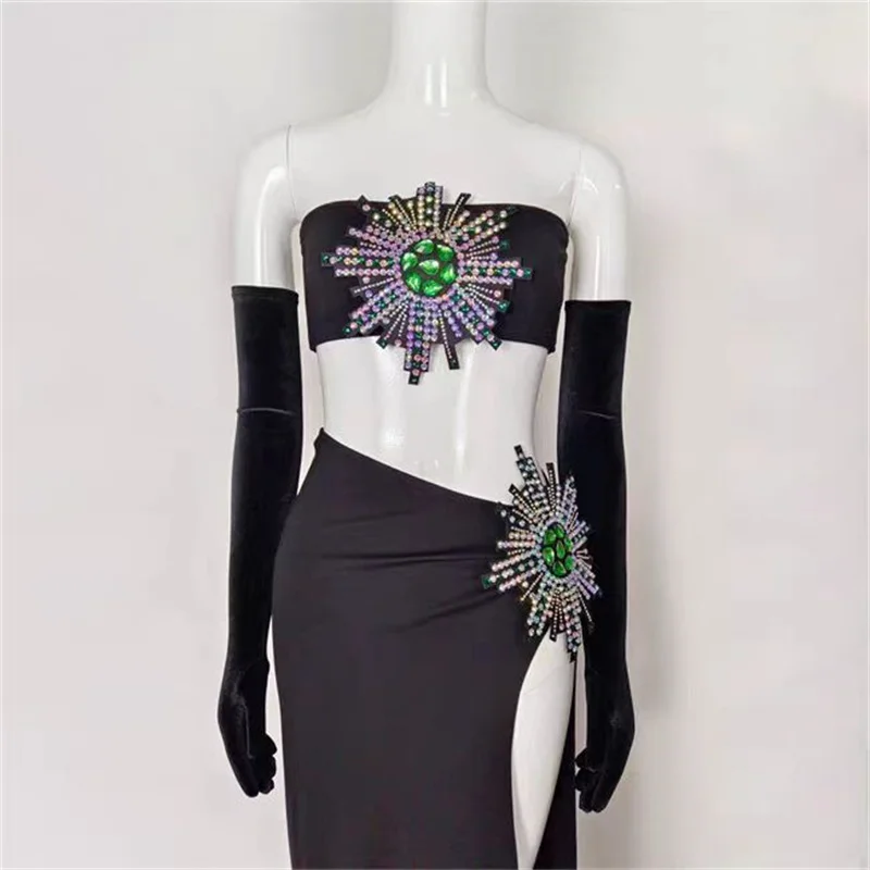 Fashion Sexy Women Black Strapless Diamond Studded Vest High Split Skirt Long Maxi Glove Bodycon Celebrity Party 3-Piece Set