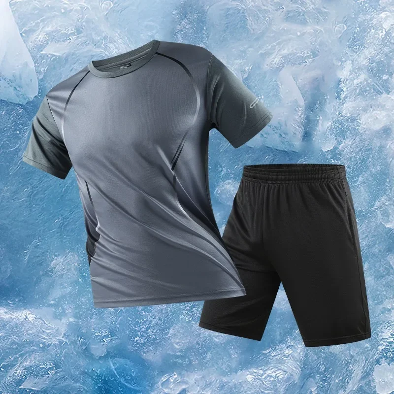 

Summer New Sports Suit Men's Fitness Short Sleeve T-shirt Men's Quick Dry Clothes Running Loose Casual Sportswear Large Size