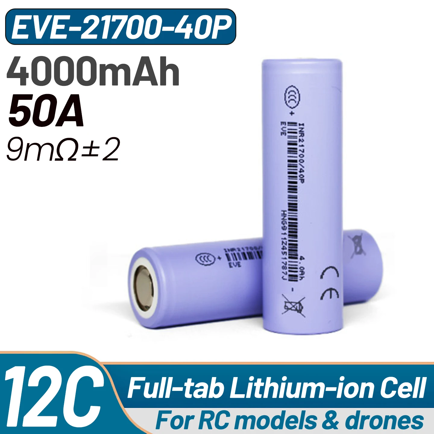 

EVE 21700 Battery 40P 4000mAh 50A High Current Discharge – Lithium Ion Cell for E-bike Power Bank DIY Battery Pack